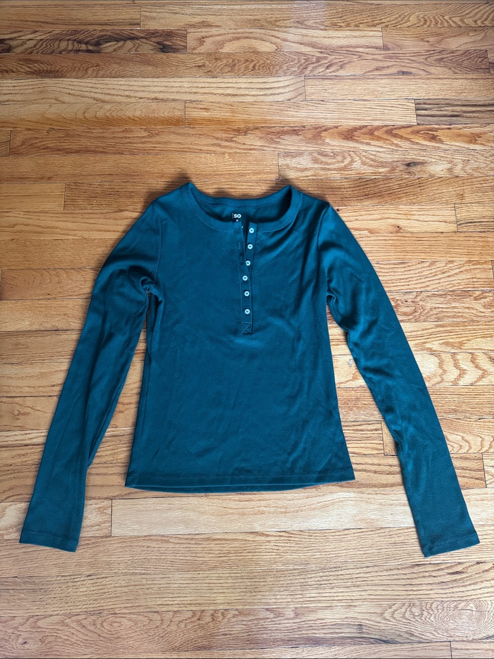 SO Long Sleeve Ribbed Button Henley Small Forest Green